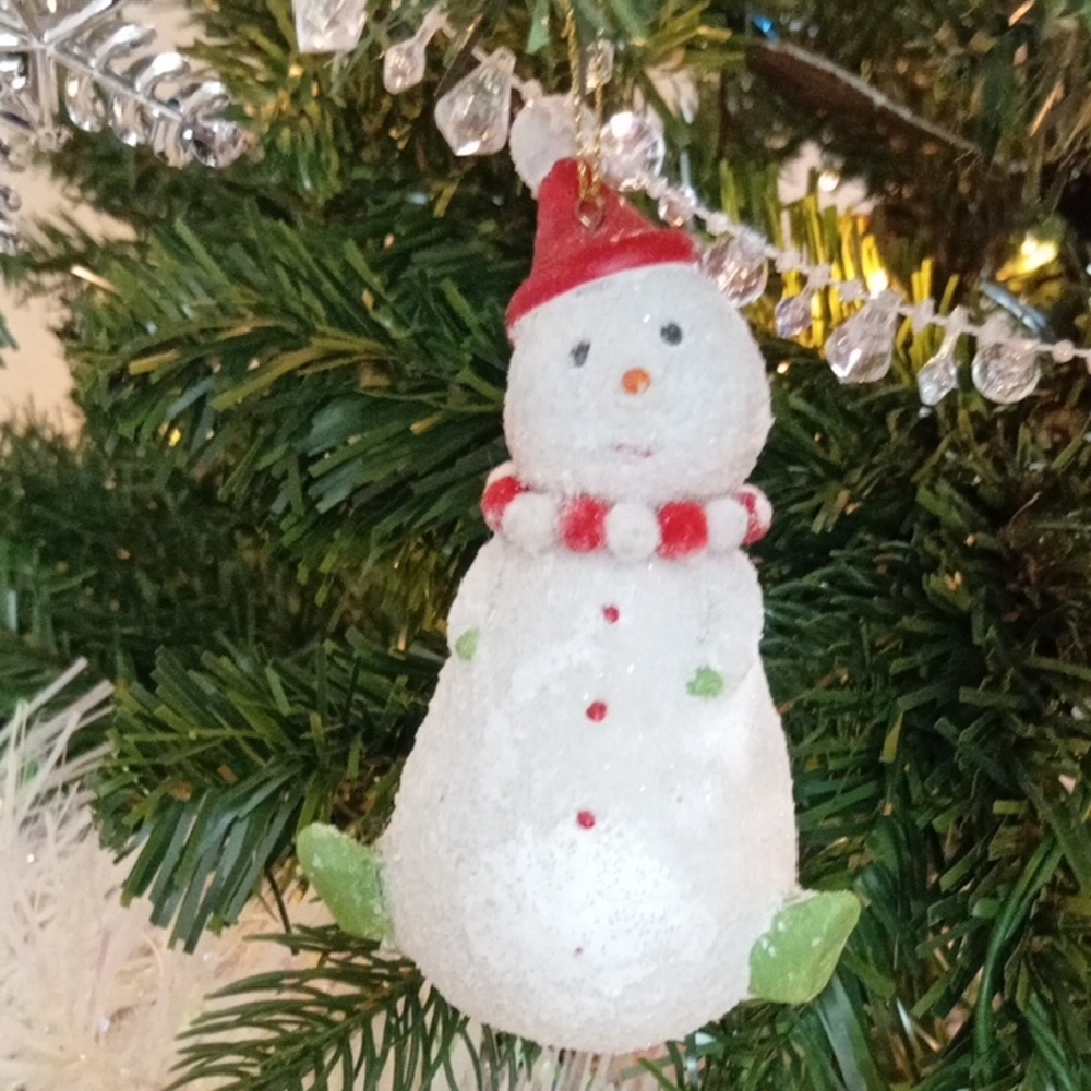 Festive Snowman Ornament with Red Hat and Green Accents